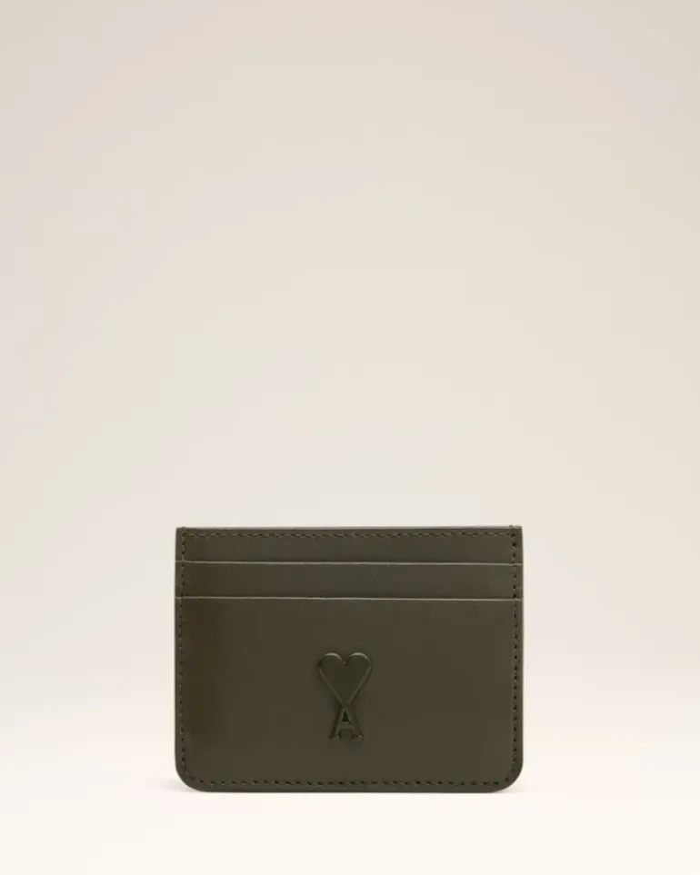 Ami Paris Green Leather Ami de Coeur Card Holder BLACK OLIVE Store