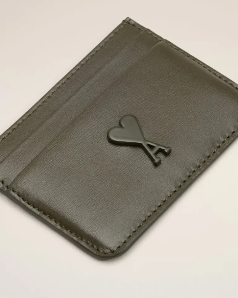 Ami Paris Green Leather Ami de Coeur Card Holder BLACK OLIVE Store