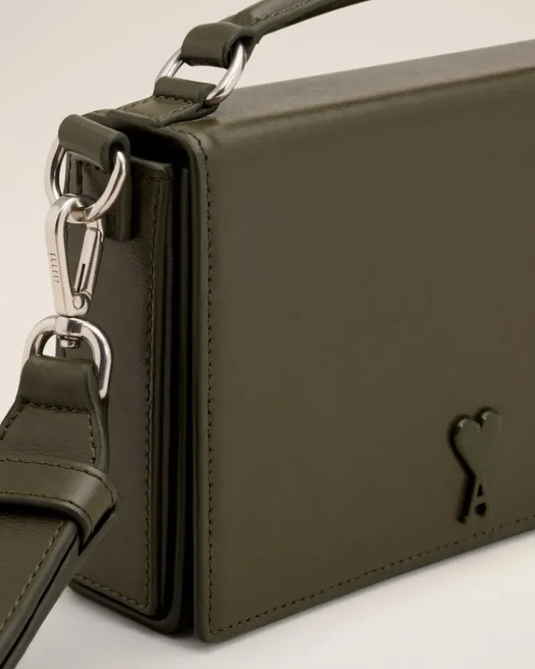 Ami Paris Green Leather Ami de Coeur Lunch Box Bag BLACK OLIVE Cheap