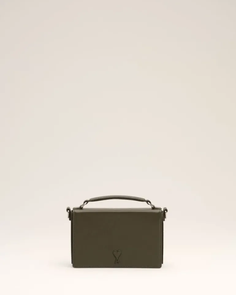 Ami Paris Green Leather Ami de Coeur Lunch Box Bag BLACK OLIVE Cheap
