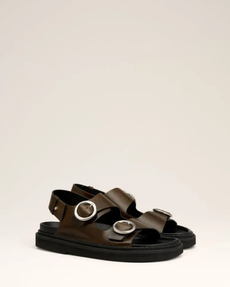 Ami Paris Green Leather Fussbet Midi Sandals BLACK OLIVE New