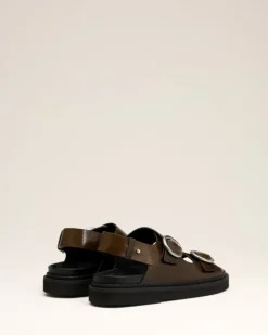 Ami Paris Green Leather Fussbet Midi Sandals BLACK OLIVE New
