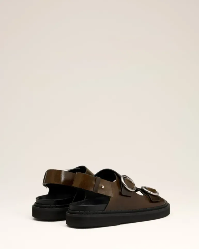 Ami Paris Green Leather Fussbet Midi Sandals BLACK OLIVE New