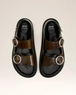 Ami Paris Green Leather Fussbet Midi Sandals BLACK OLIVE New