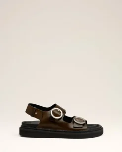 Ami Paris Green Leather Fussbet Midi Sandals BLACK OLIVE New