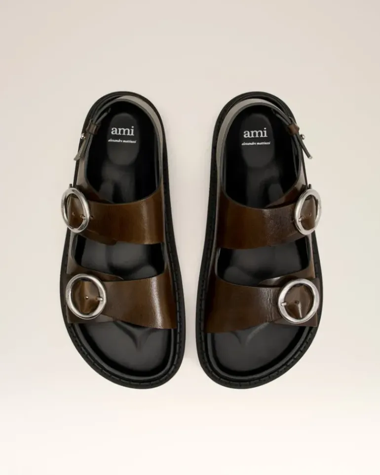 Ami Paris Green Leather Fussbet Midi Sandals BLACK OLIVE New