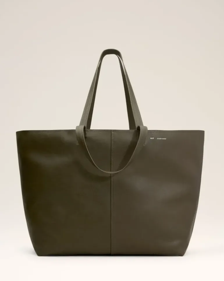 Ami Paris Green Leather Midi Maxi Tote Bag BLACK OLIVE Fashion