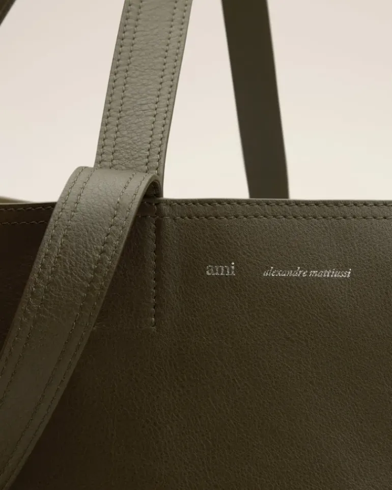 Ami Paris Green Leather Midi Maxi Tote Bag BLACK OLIVE Fashion