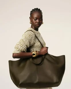 Ami Paris Green Leather Midi Maxi Tote Bag BLACK OLIVE Fashion