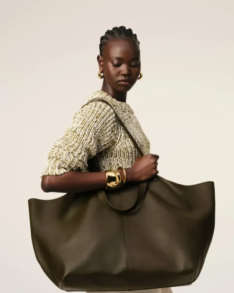 Ami Paris Green Leather Midi Maxi Tote Bag BLACK OLIVE Fashion