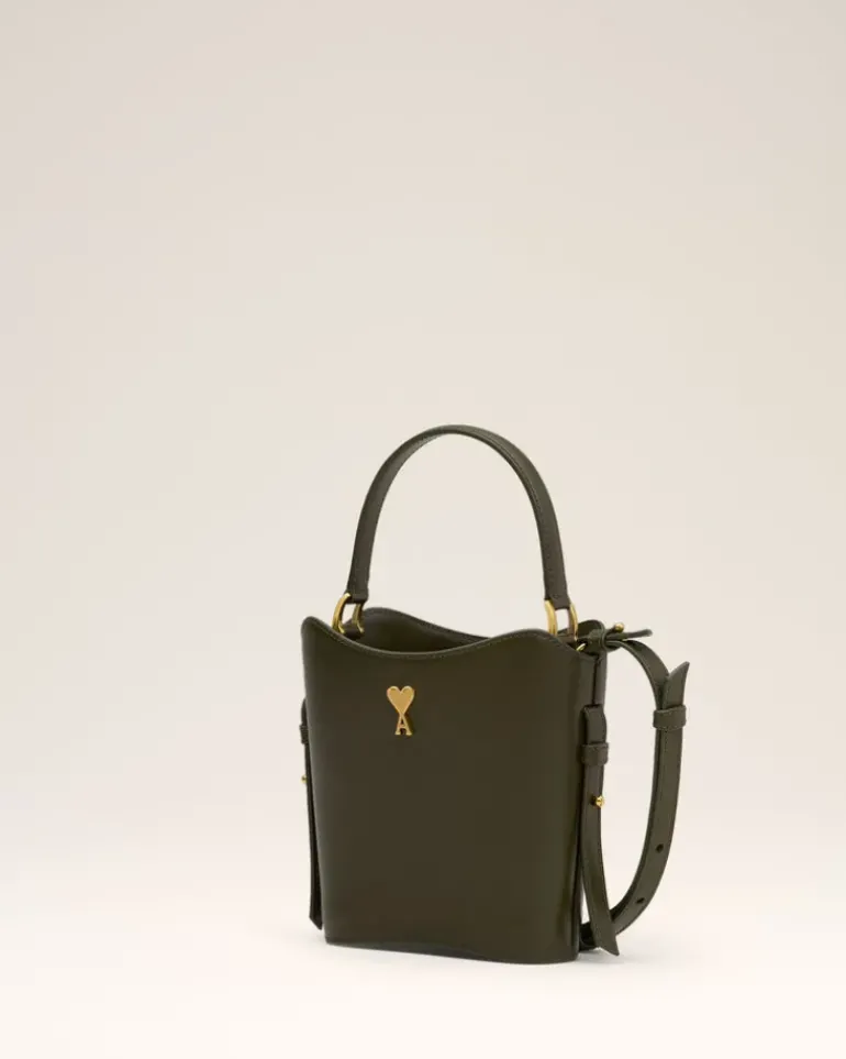 Ami Paris Green Leather Mini Paris Paris Bucket Bag BLACK OLIVE Clearance