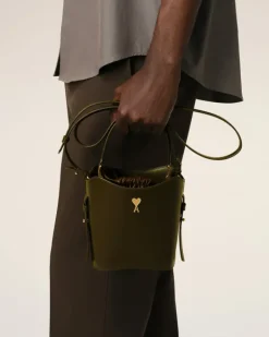 Ami Paris Green Leather Mini Paris Paris Bucket Bag BLACK OLIVE Clearance