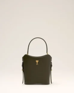 Ami Paris Green Leather Mini Paris Paris Bucket Bag BLACK OLIVE Clearance