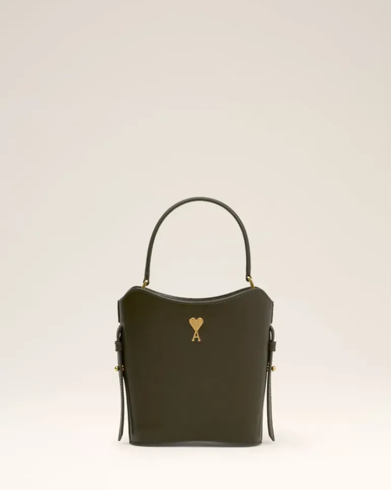 Ami Paris Green Leather Mini Paris Paris Bucket Bag BLACK OLIVE Clearance