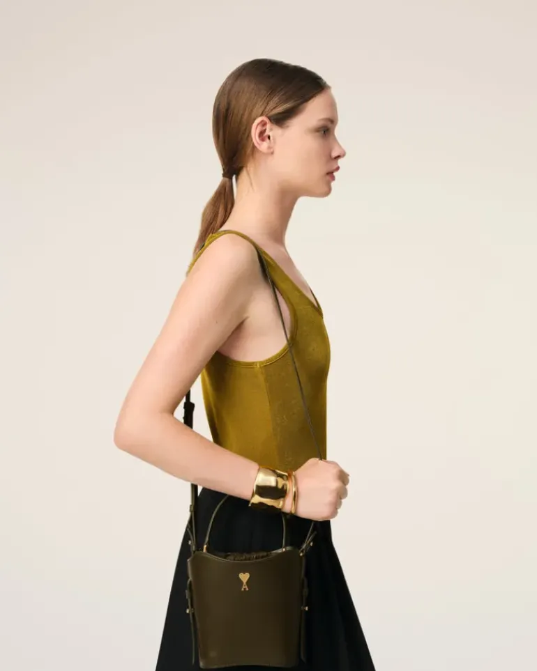 Ami Paris Green Leather Mini Paris Paris Bucket Bag BLACK OLIVE Clearance