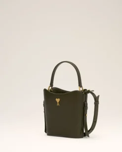 Ami Paris Green Leather Mini Paris Paris Bucket Bag BLACK OLIVE Clearance