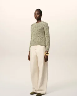 Ami Paris Green Mouliné Textured Knit Crewneck Sweater WHITE CREAM/LICHEN Shop