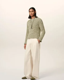 Ami Paris Green Mouliné Textured Knit Crewneck Sweater WHITE CREAM/LICHEN Shop