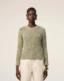 Ami Paris Green Mouliné Textured Knit Crewneck Sweater WHITE CREAM/LICHEN Shop