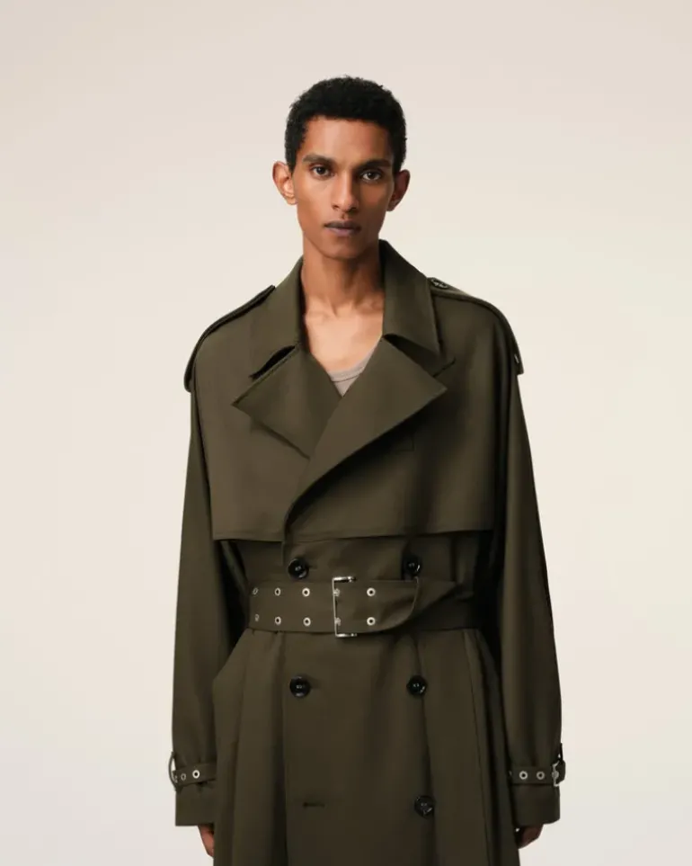 Ami Paris Green Wool Trench Coat BLACK OLIVE Store