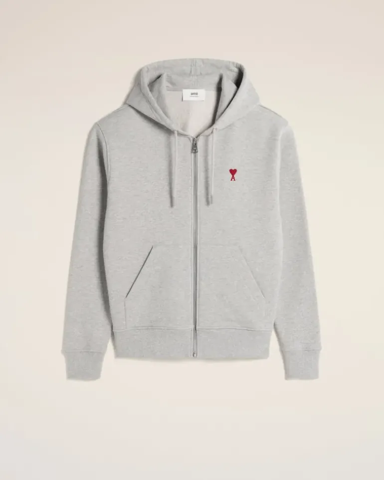 Ami Paris Grey Cotton Ami de Coeur Zipped Hoodie HEATHER ASH GREY Sale