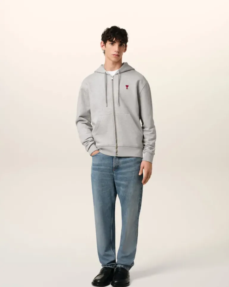 Ami Paris Grey Cotton Ami de Coeur Zipped Hoodie HEATHER ASH GREY Sale