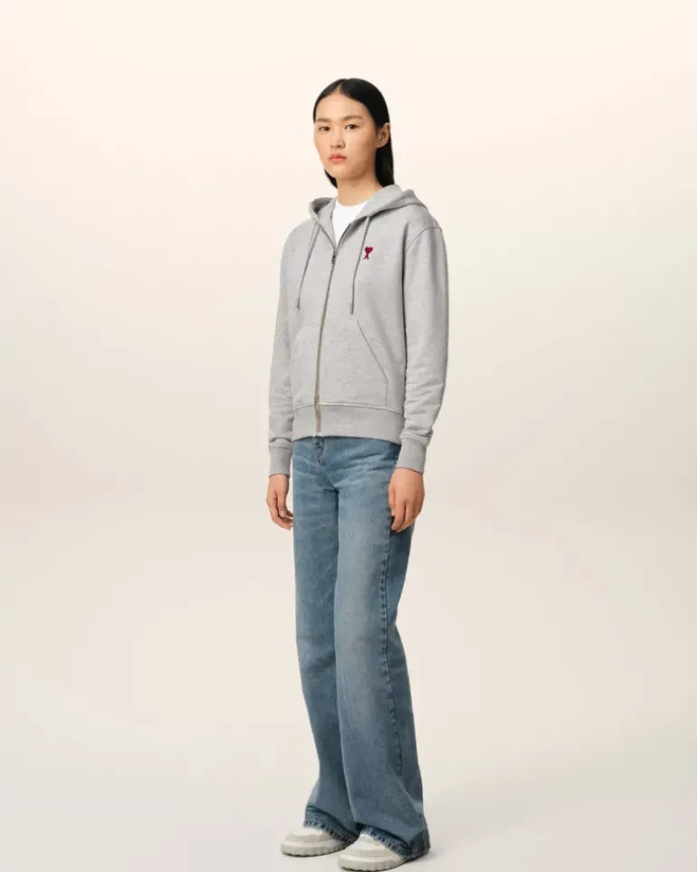 Ami Paris Grey Cotton Ami de Coeur Zipped Hoodie HEATHER ASH GREY Sale