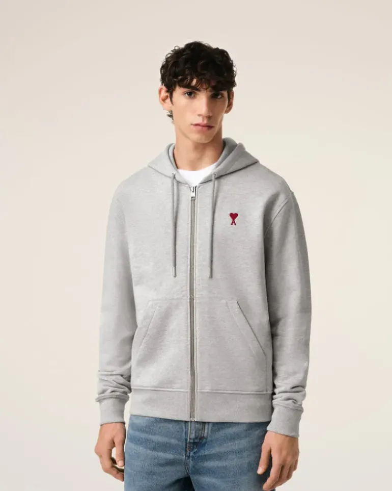 Ami Paris Grey Cotton Ami de Coeur Zipped Hoodie HEATHER ASH GREY Sale
