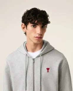 Ami Paris Grey Cotton Ami de Coeur Zipped Hoodie HEATHER ASH GREY Sale