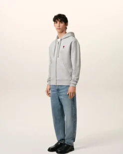 Ami Paris Grey Cotton Ami de Coeur Zipped Hoodie HEATHER ASH GREY Sale