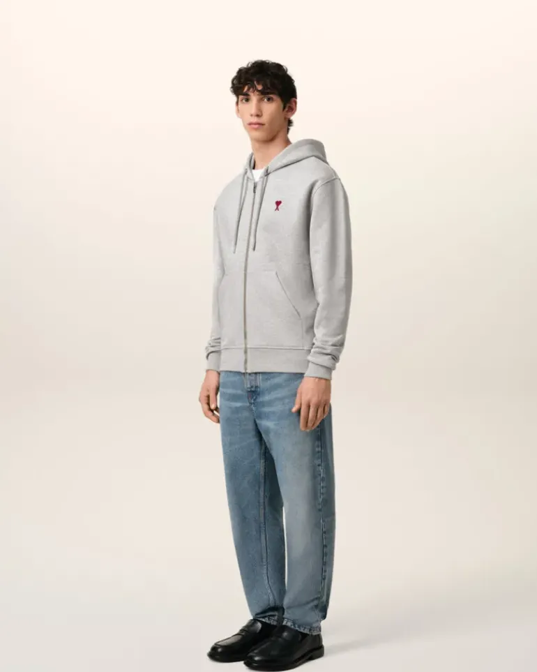 Ami Paris Grey Cotton Ami de Coeur Zipped Hoodie HEATHER ASH GREY Sale