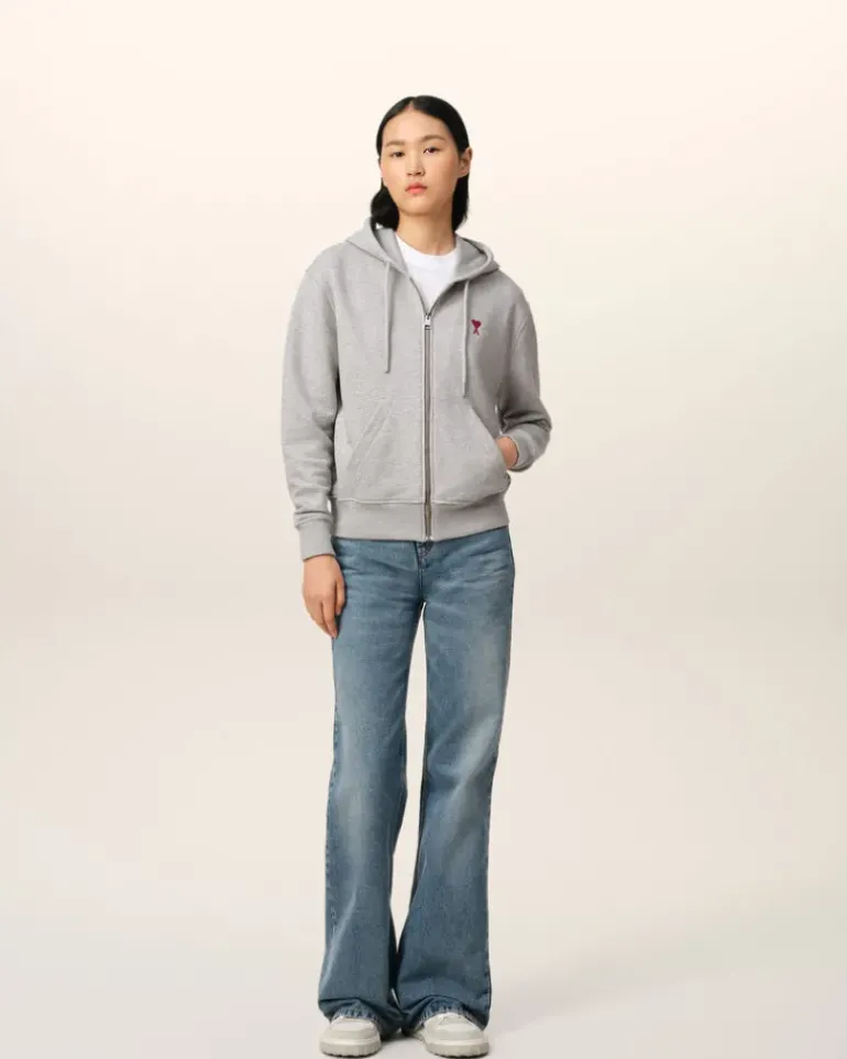 Ami Paris Grey Cotton Ami de Coeur Zipped Hoodie HEATHER ASH GREY Sale