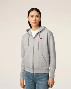 Ami Paris Grey Cotton Ami de Coeur Zipped Hoodie HEATHER ASH GREY Sale