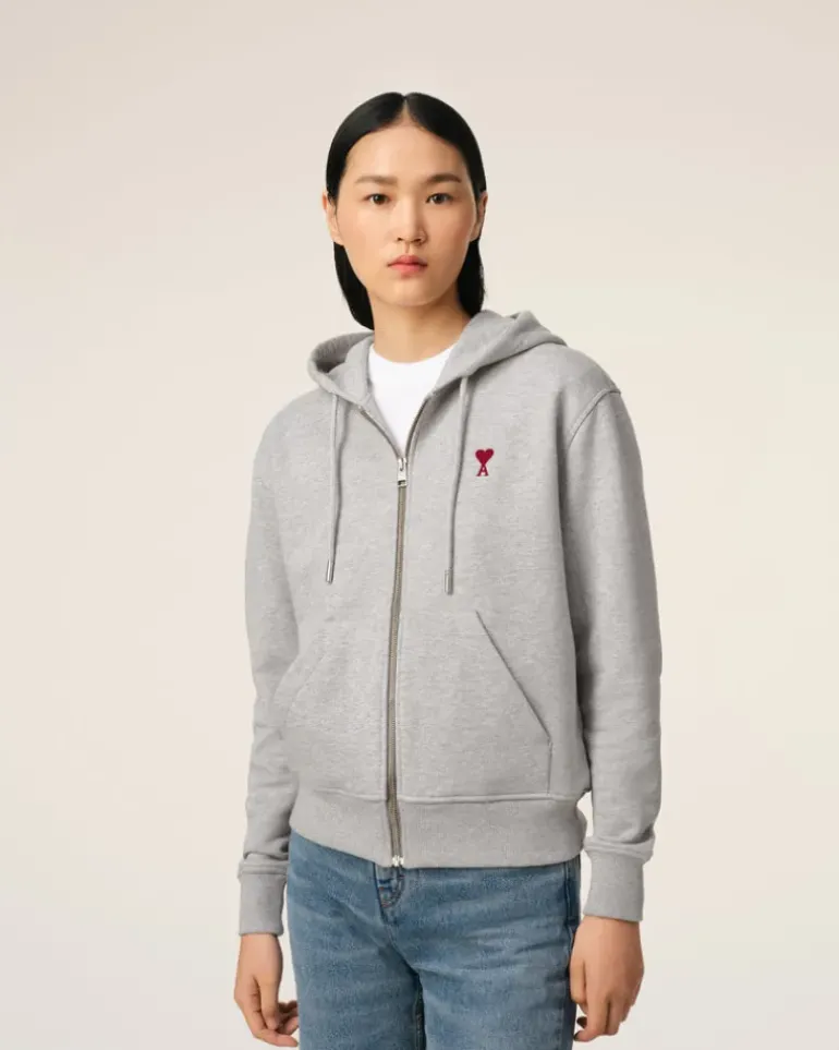 Ami Paris Grey Cotton Ami de Coeur Zipped Hoodie HEATHER ASH GREY Sale