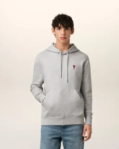 Ami Paris Grey Cotton Ami de Coeur Hoodie HEATHER ASH GREY New
