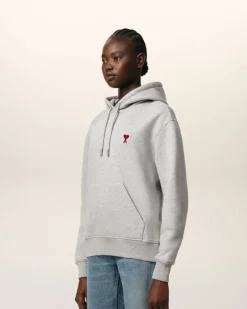Ami Paris Grey Cotton Ami de Coeur Hoodie HEATHER ASH GREY New