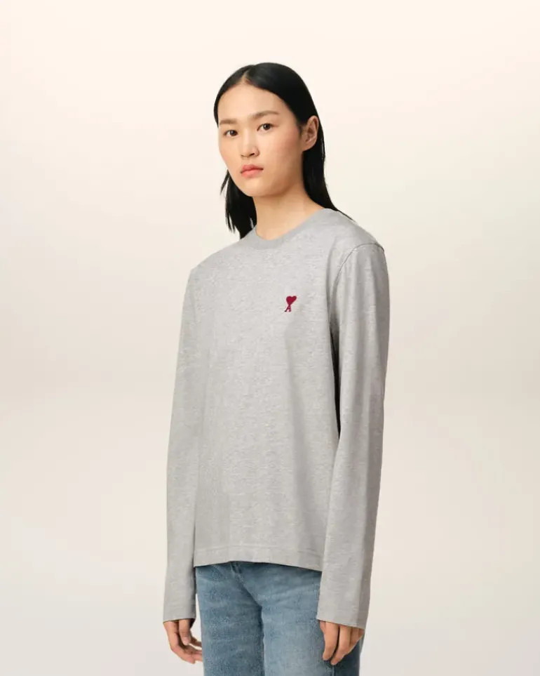 Ami Paris Grey Cotton Ami de Coeur Long Sleeves T-Shirt HEATHER ASH GREY Cheap