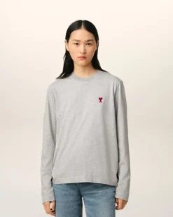 Ami Paris Grey Cotton Ami de Coeur Long Sleeves T-Shirt HEATHER ASH GREY Cheap