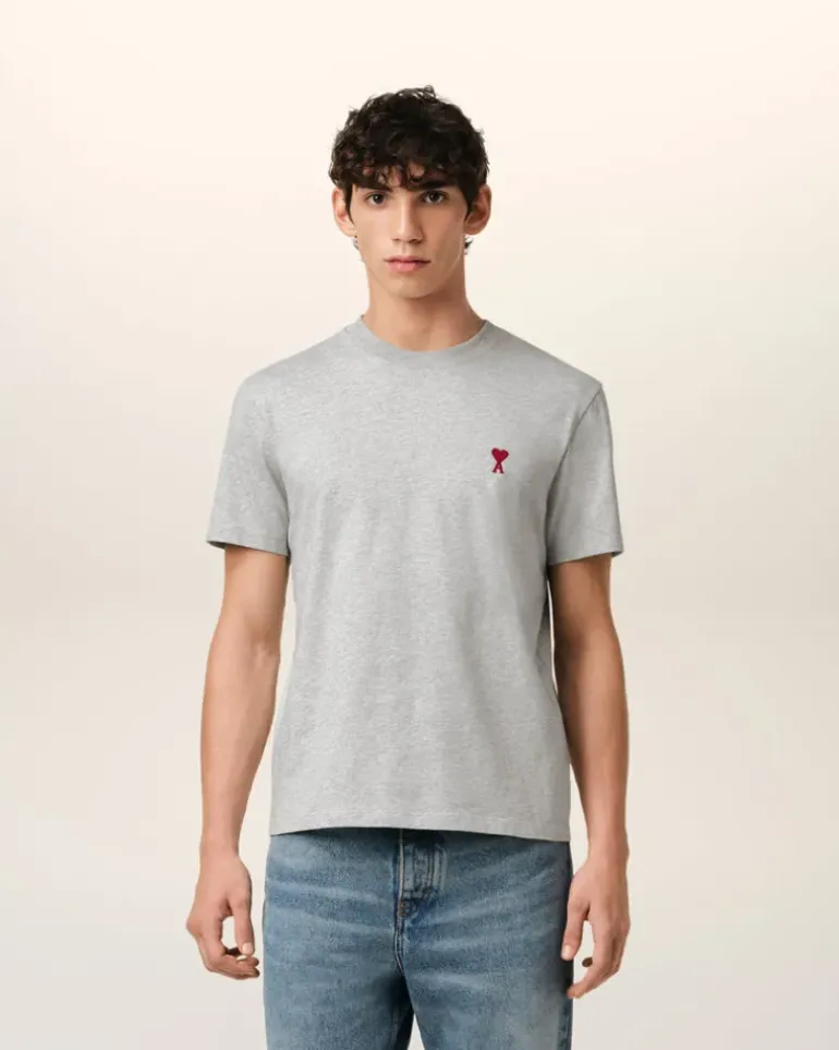 Ami Paris Grey Cotton Ami de Coeur T-Shirt HEATHER ASH GREY New