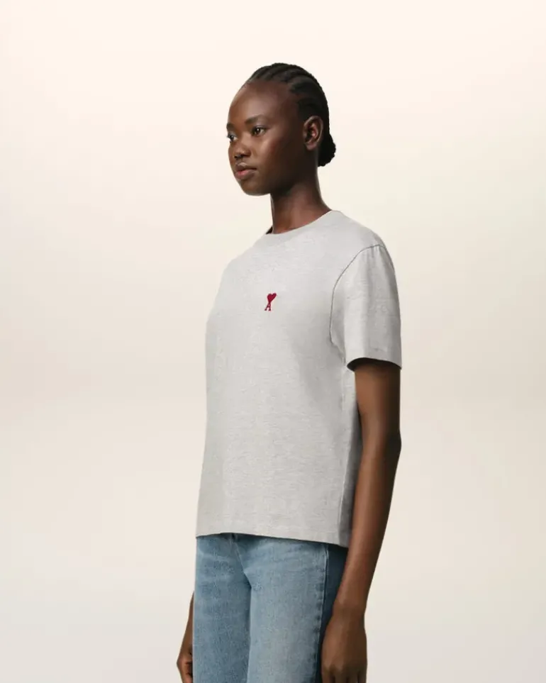Ami Paris Grey Cotton Ami de Coeur T-Shirt HEATHER ASH GREY New