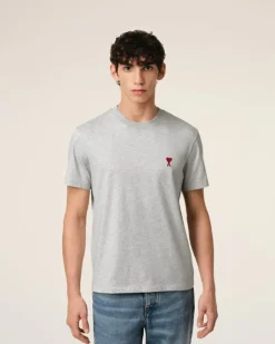 Ami Paris Grey Cotton Ami de Coeur T-Shirt HEATHER ASH GREY New