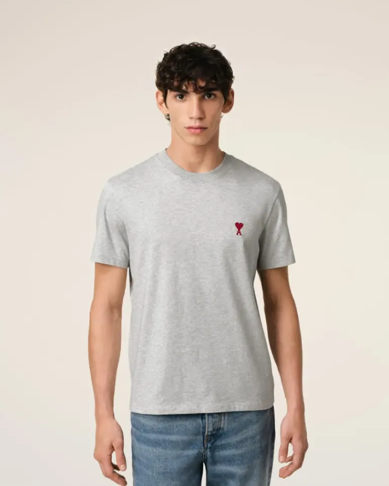Ami Paris Grey Cotton Ami de Coeur T-Shirt HEATHER ASH GREY New