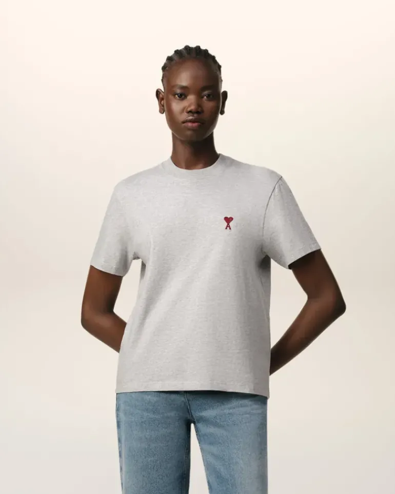 Ami Paris Grey Cotton Ami de Coeur T-Shirt HEATHER ASH GREY New