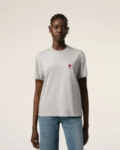Ami Paris Grey Cotton Ami de Coeur T-Shirt HEATHER ASH GREY New