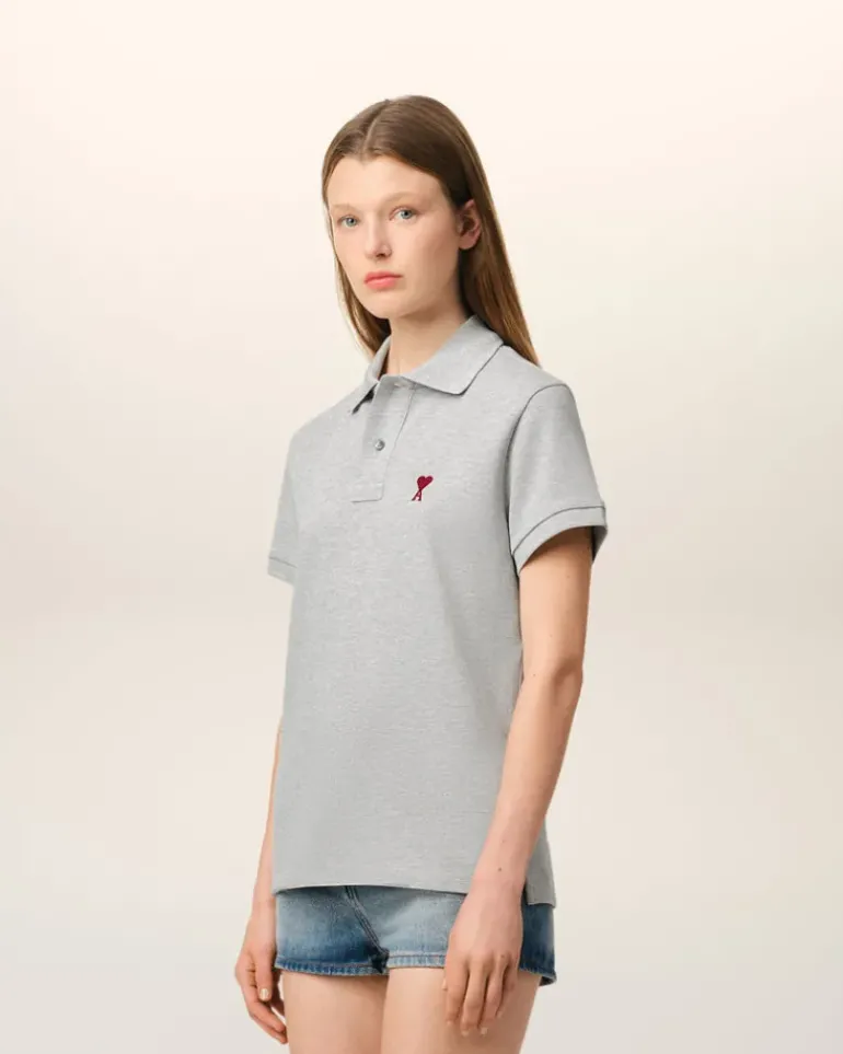Ami Paris Grey Cotton Ami de Coeur Polo Shirt HEATHER ASH GREY Flash Sale