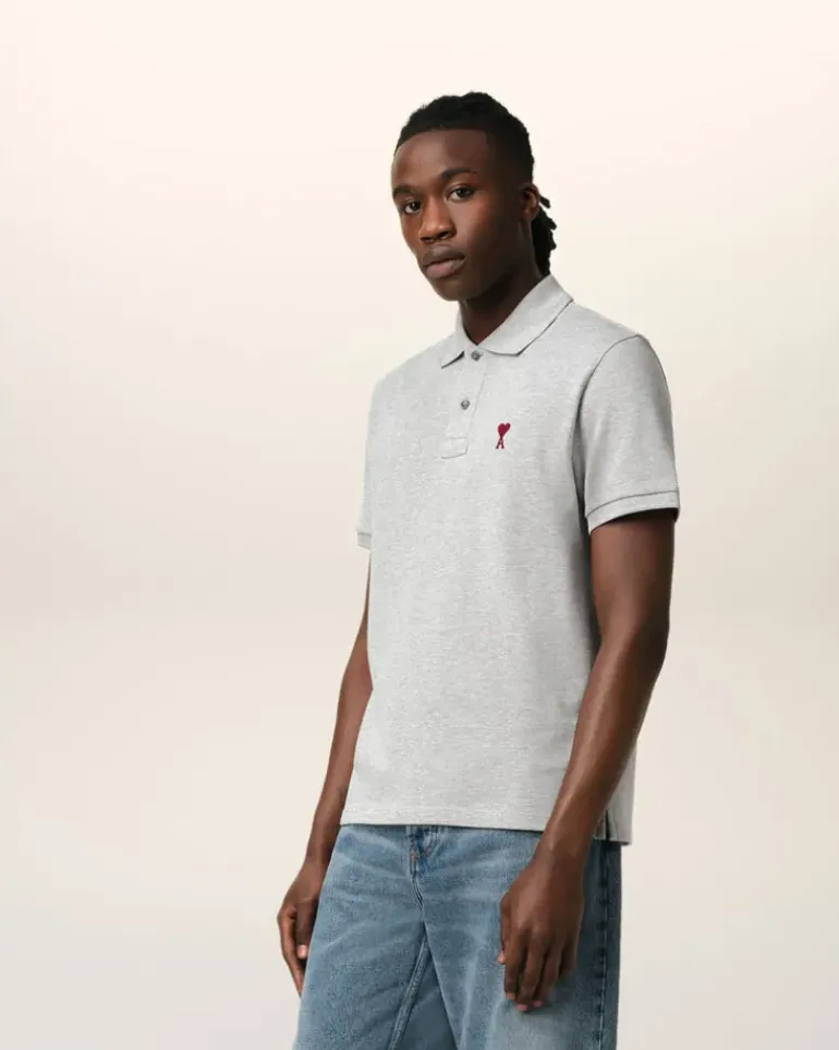 Ami Paris Grey Cotton Ami de Coeur Polo Shirt HEATHER ASH GREY Flash Sale