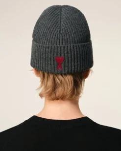 Ami Paris Grey Wool Ami de Coeur Beanie HEATHER GREY/RED Flash Sale