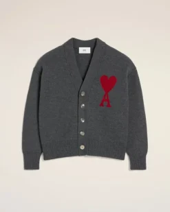 Ami Paris Grey Wool Ami de Coeur Cardigan HEATHER GREY/RED Cheap