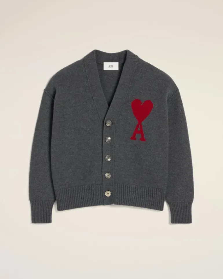 Ami Paris Grey Wool Ami de Coeur Cardigan HEATHER GREY/RED Cheap