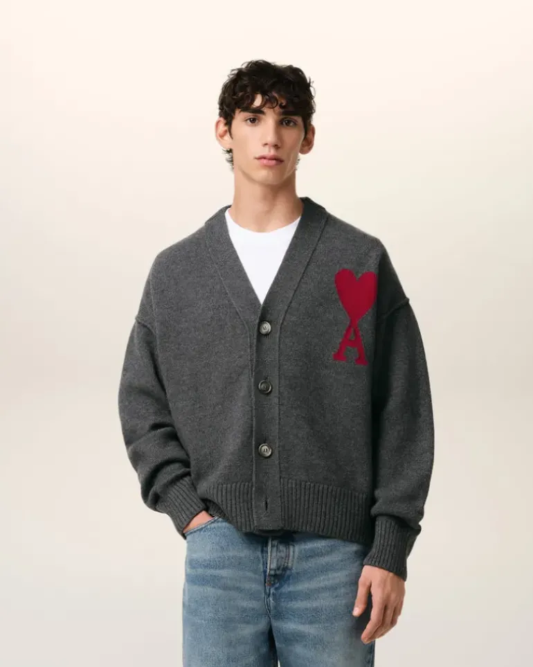 Ami Paris Grey Wool Ami de Coeur Cardigan HEATHER GREY/RED Cheap